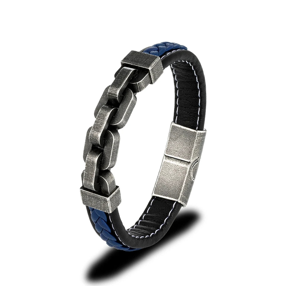 black and blue braided leather bracelet with brushed stainless steel link