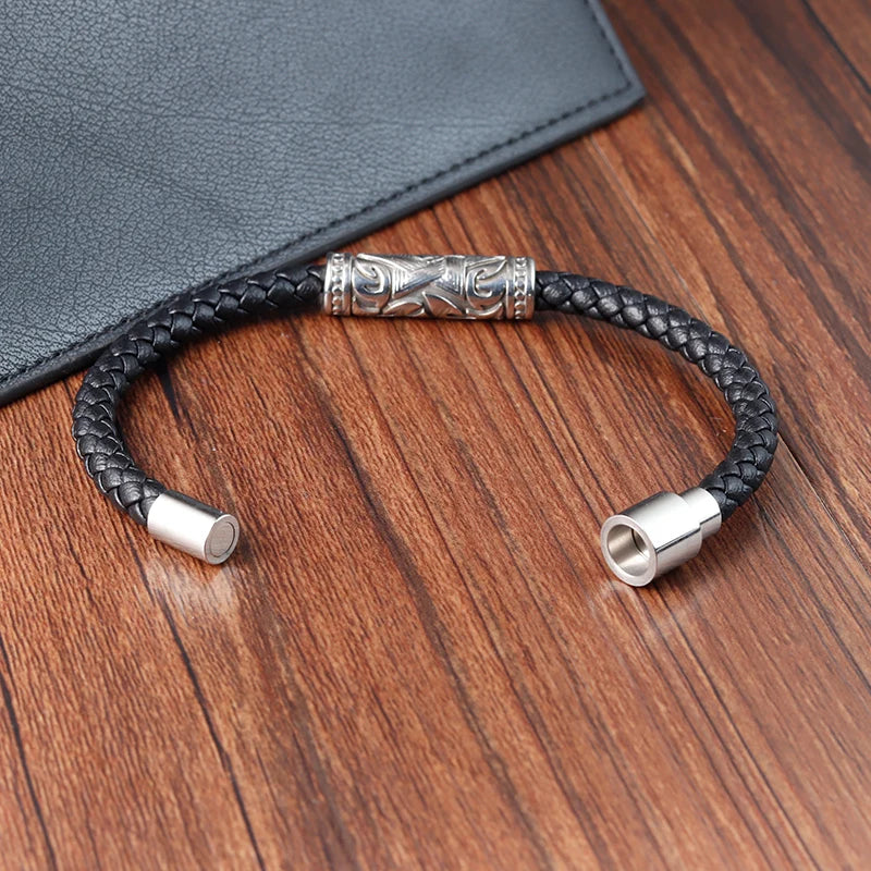 men's leather bracelet with magnetic clasp and metal bar design