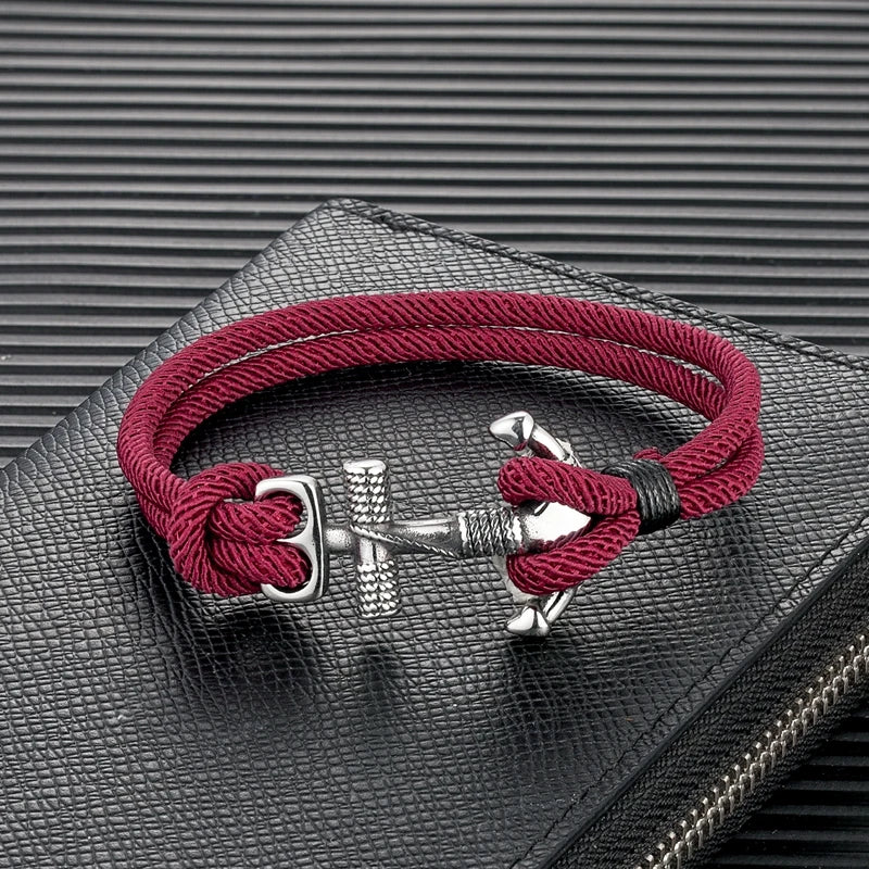men's nautical anchor bracelet with red rope band and steel clasp