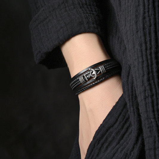 Men’s anchor black leather bracelet with stainless steel clasp and braided multi-layer design