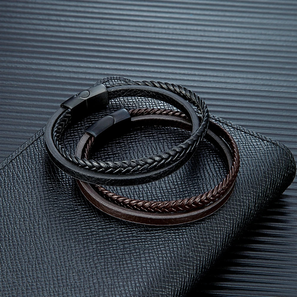 men's black and brown leather cord bracelet with stainless steel clasp