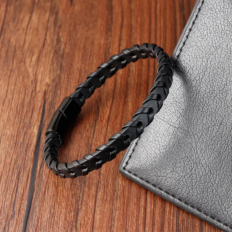men's braided leather cord bracelet with stainless steel clasp