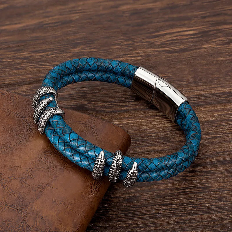 men's silver dragon claw bracelet with blue braided leather strap