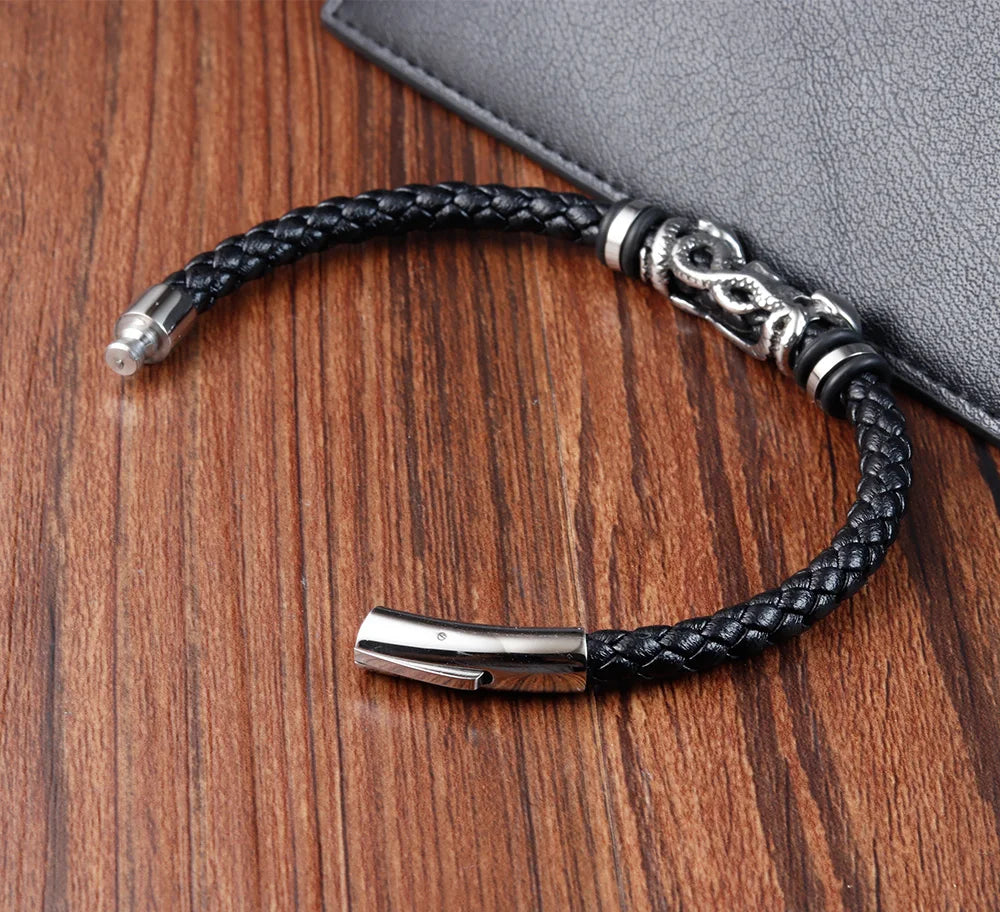 men's edgy leather bracelet with skull stainless steel detail