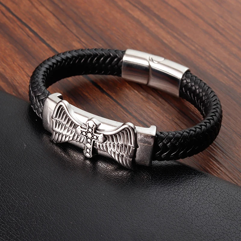 men's faith bracelet cross with wings leather band