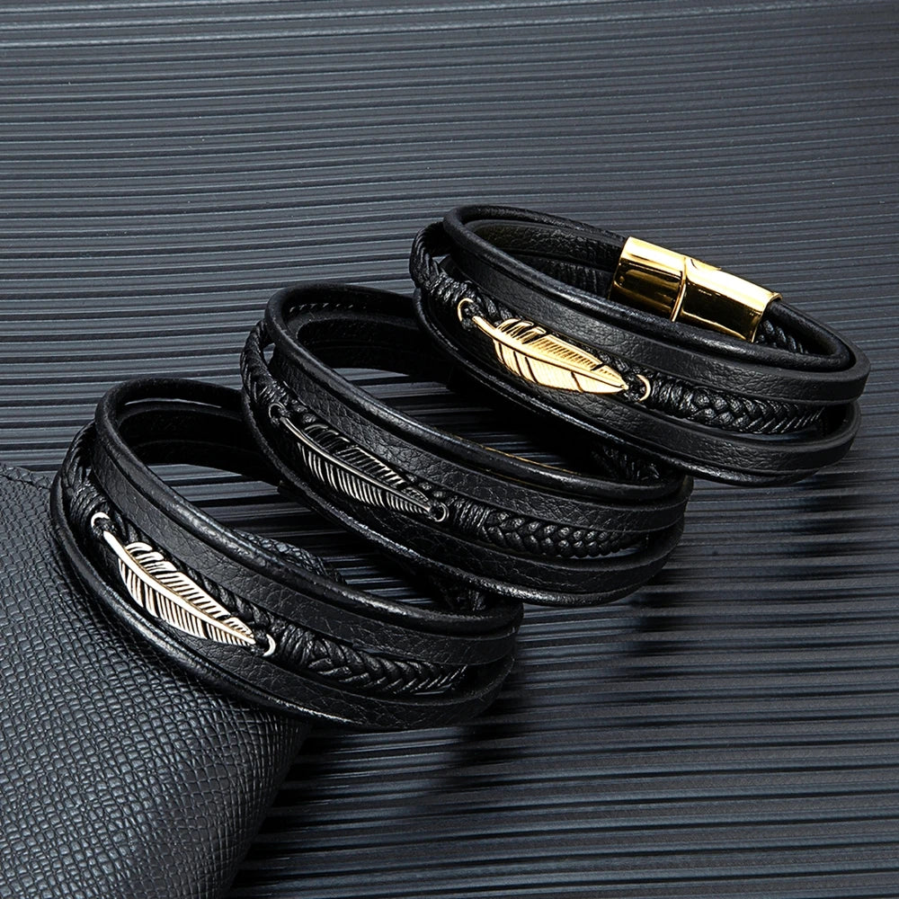 men's silver, black and gold leather bracelet featuring feather charm