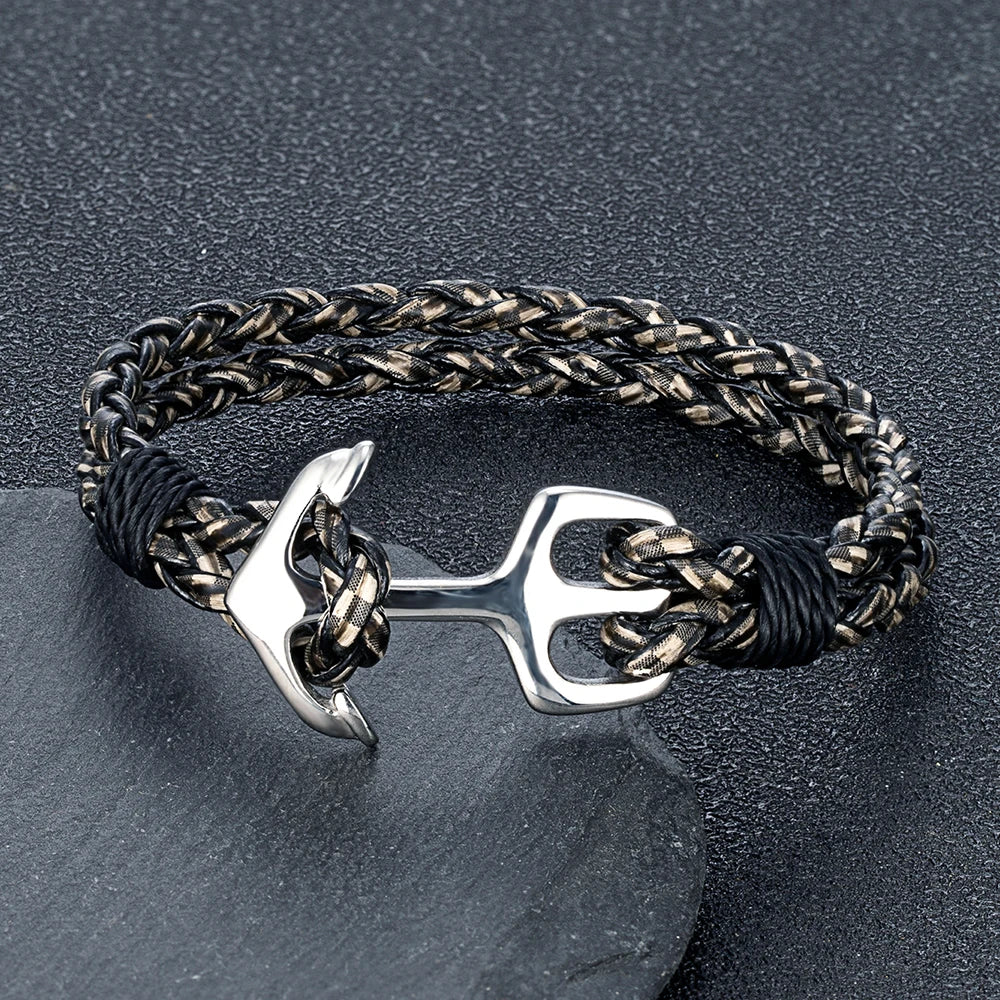 men's marine style black khaki rope bracelet with stainless steel anchor