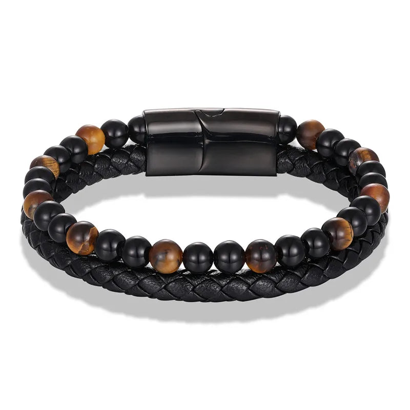 men's stacked tiger eye beaded leather bracelet