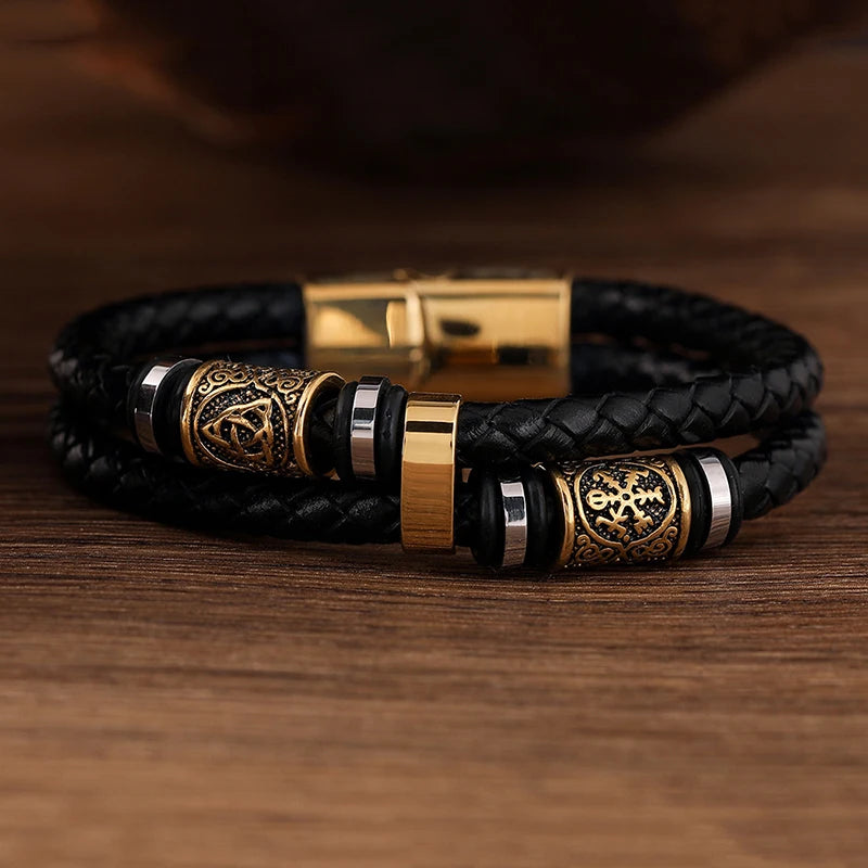 men's viking rune bracelet with braided leather strap