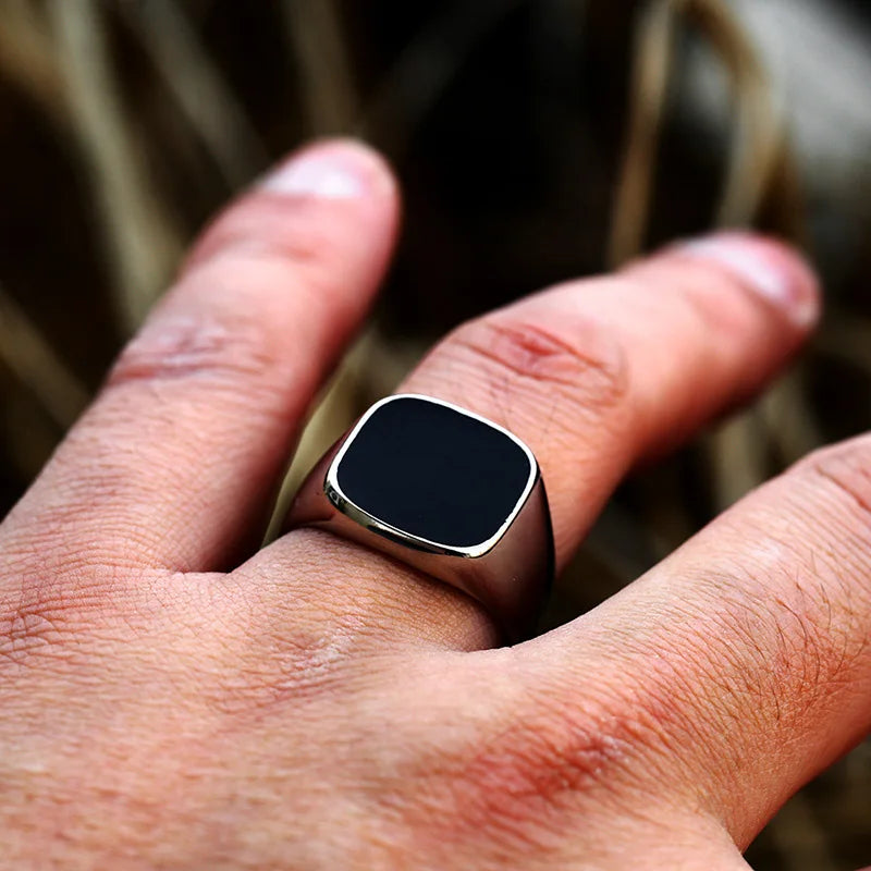 Minimalist black onyx signet ring stainless steel design