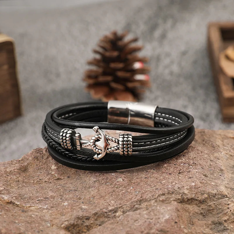 Multi-layer men’s leather bracelet with anchor charm and braided black leather design