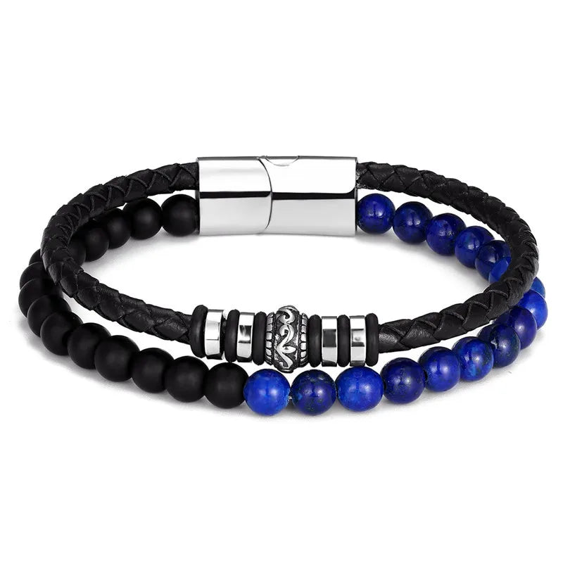men's natural stone and genuine leather bracelet with stainless steel magnetic clasp