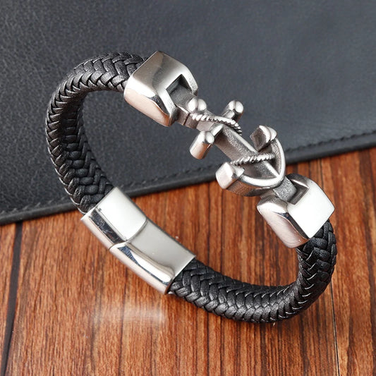 men's nautical anchor bracelet braided leather wristband