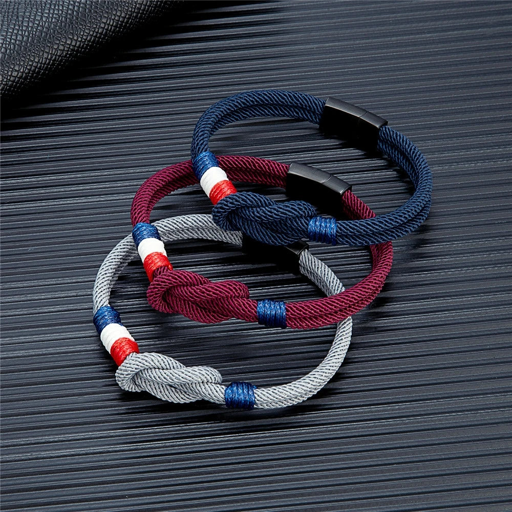men's nautical rope knot bracelet with black stainless steel clasp