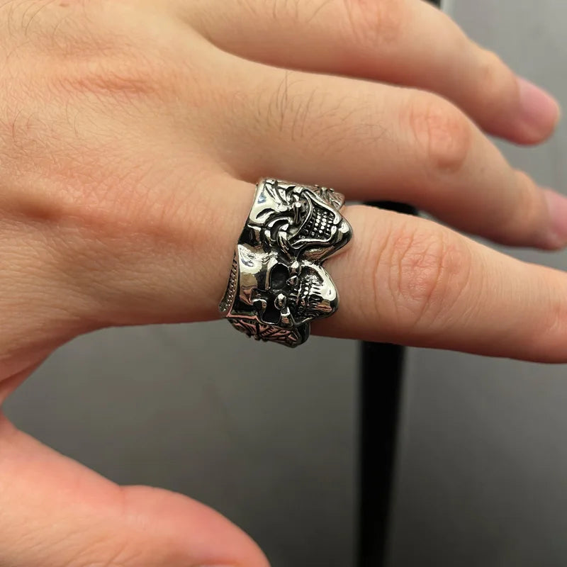 Stainless steel skull mask ring gothic dual face design