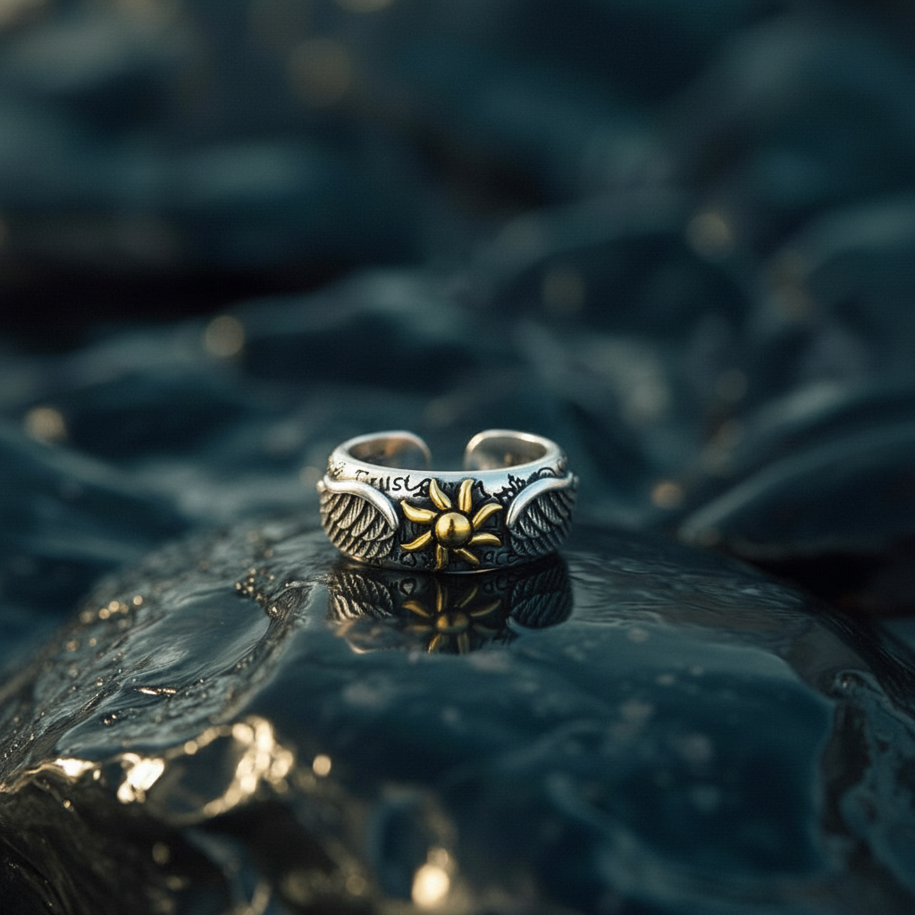Men’s symbolic sterling silver ring with sun and wings design, engraved open band representing strength and freedom by AEXON