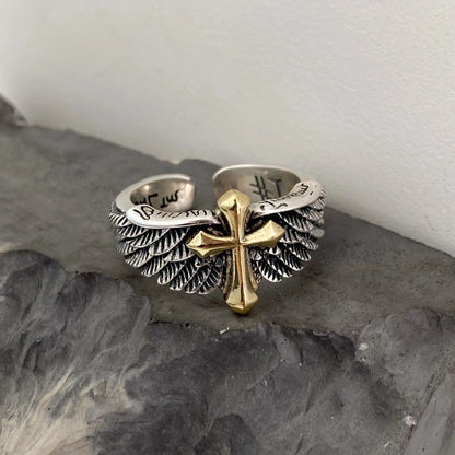Adjustable stainless steel cross ring with feather wings