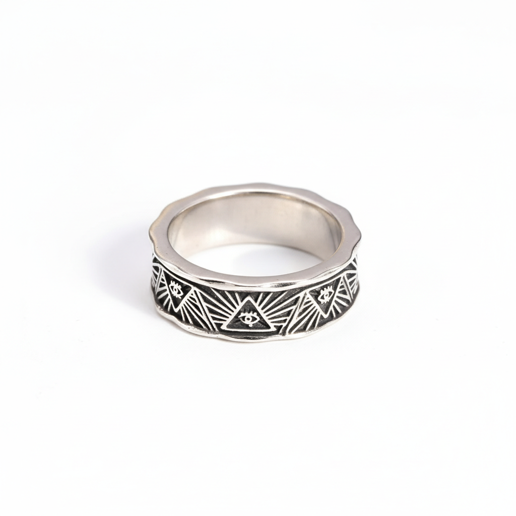 All seeing eye band ring stainless steel vintage engraved design
