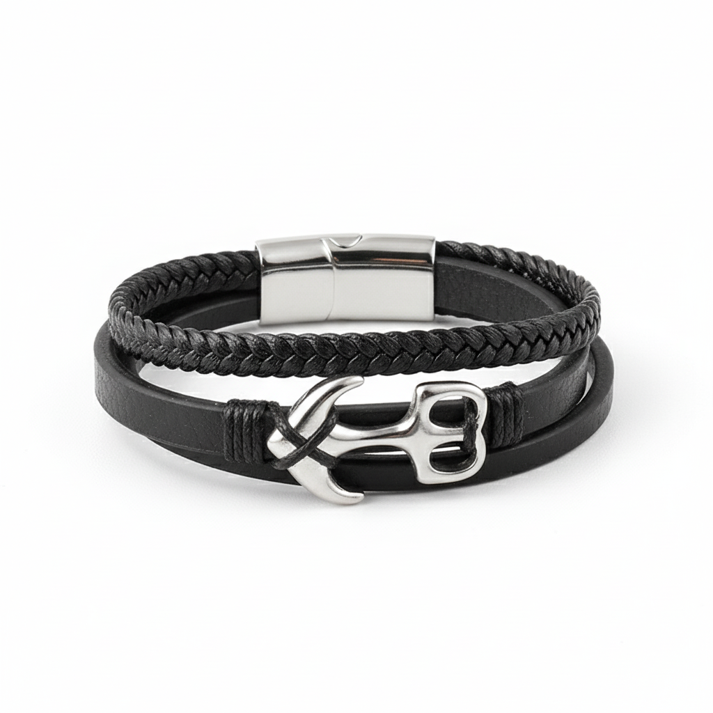 men's black leather bracelet with anchor centerpiece and magnetic clasp