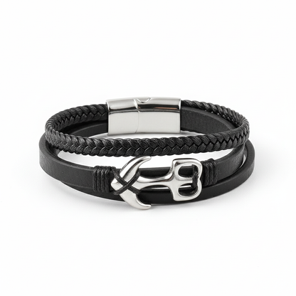 men's black leather bracelet with anchor centerpiece and magnetic clasp