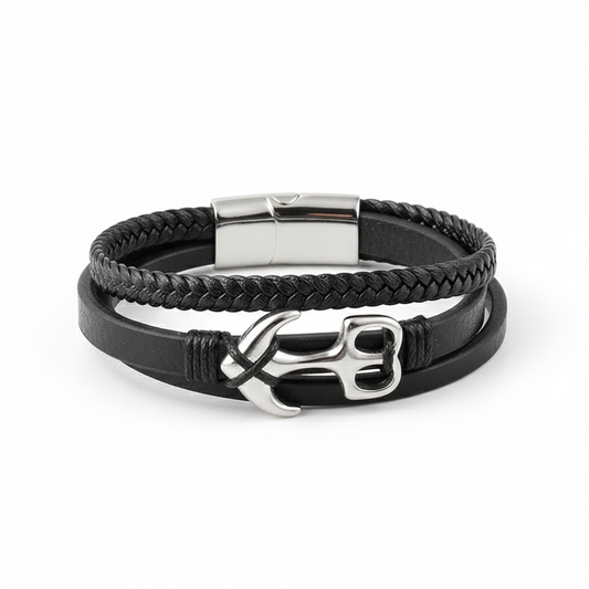 men's black leather bracelet with anchor centerpiece and magnetic clasp