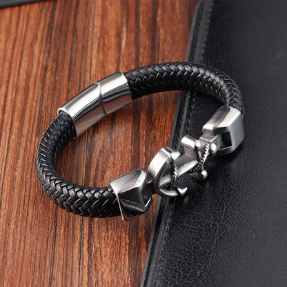 black leather bracelet with anchor clasp for men
