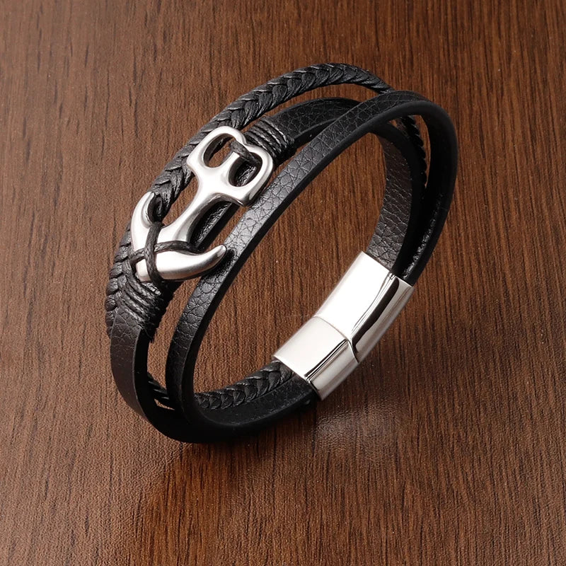 men's anchor leather bracelet with stainless steel magnetic clasp