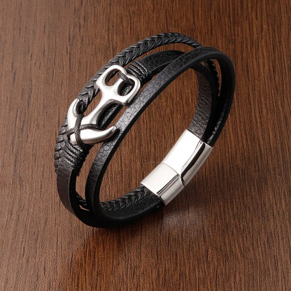 men's anchor leather bracelet with stainless steel magnetic clasp