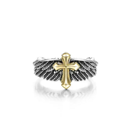 Angel wing cross ring adjustable stainless steel Christian jewelry