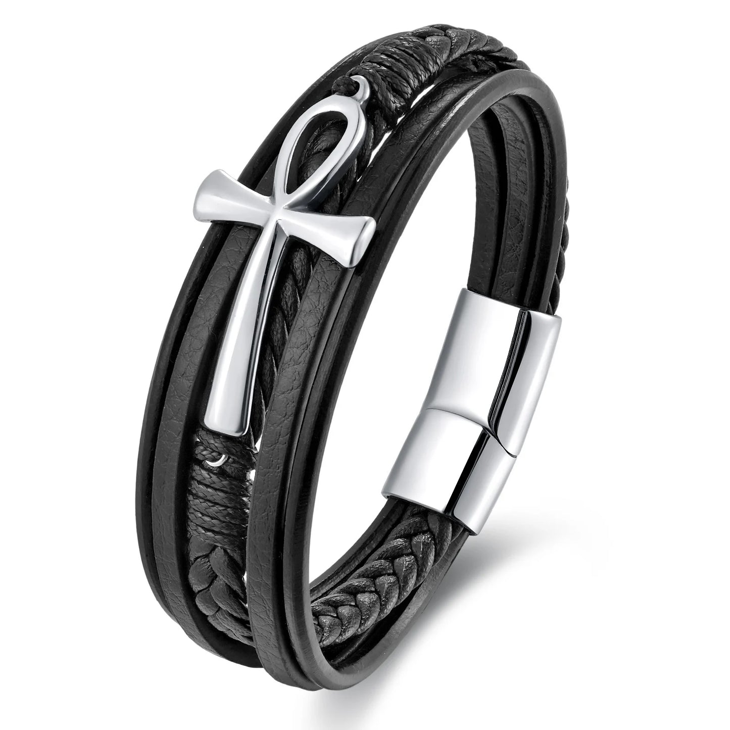 men's ankh cross leather bracelet stainless steel multi layer design