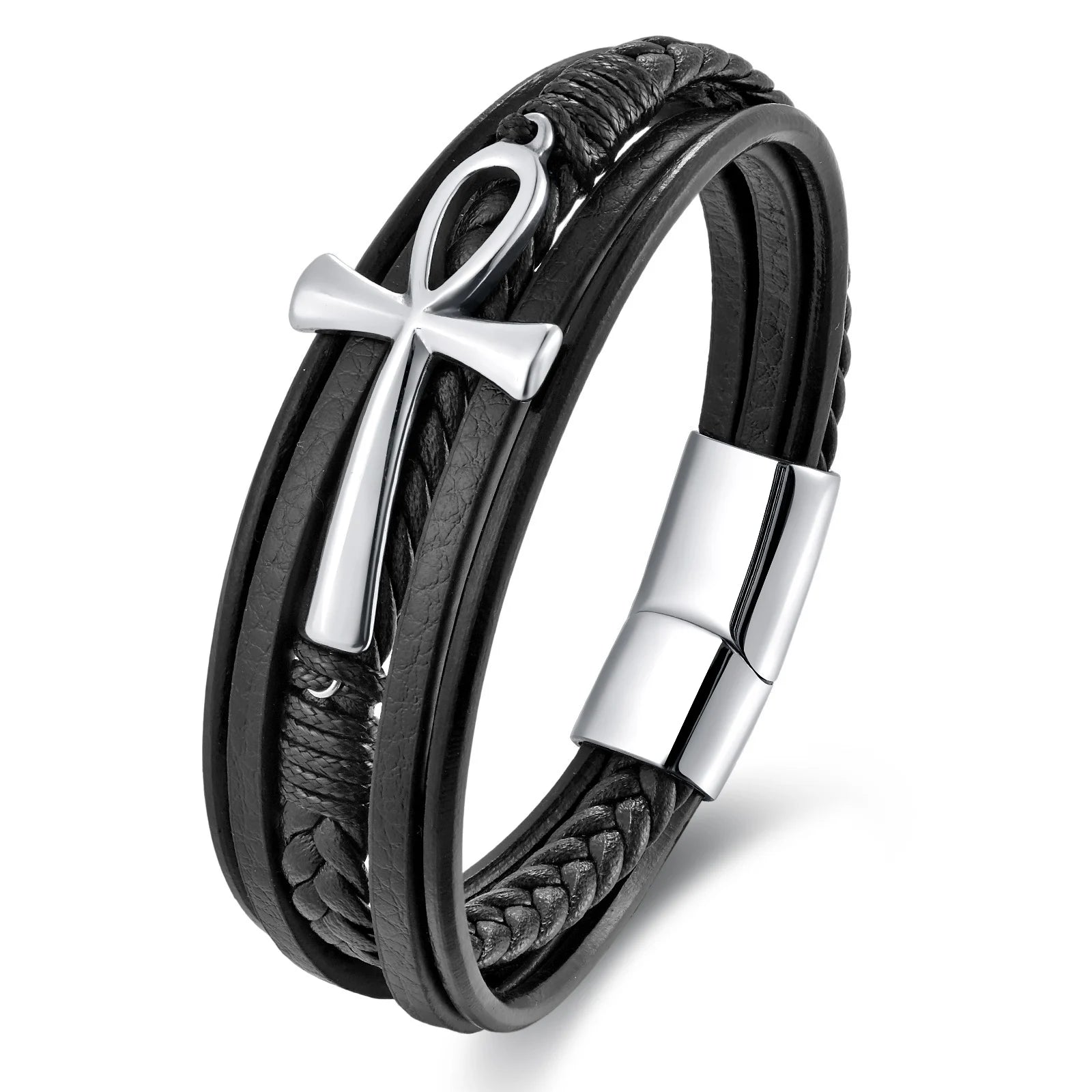 men's ankh cross leather bracelet stainless steel multi layer design