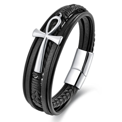 men's ankh cross leather bracelet stainless steel multi layer design