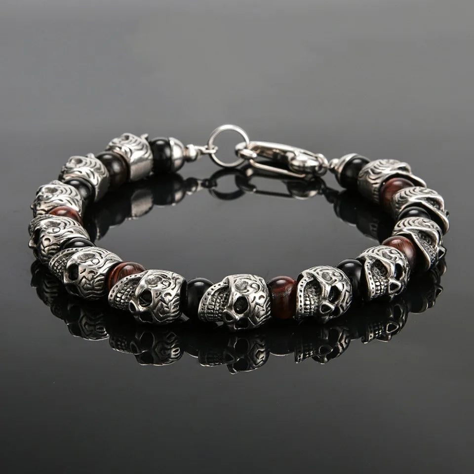 biker skull bead bracelet stainless steel and tiger eye beads stone