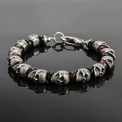 biker skull bead bracelet stainless steel and tiger eye beads stone
