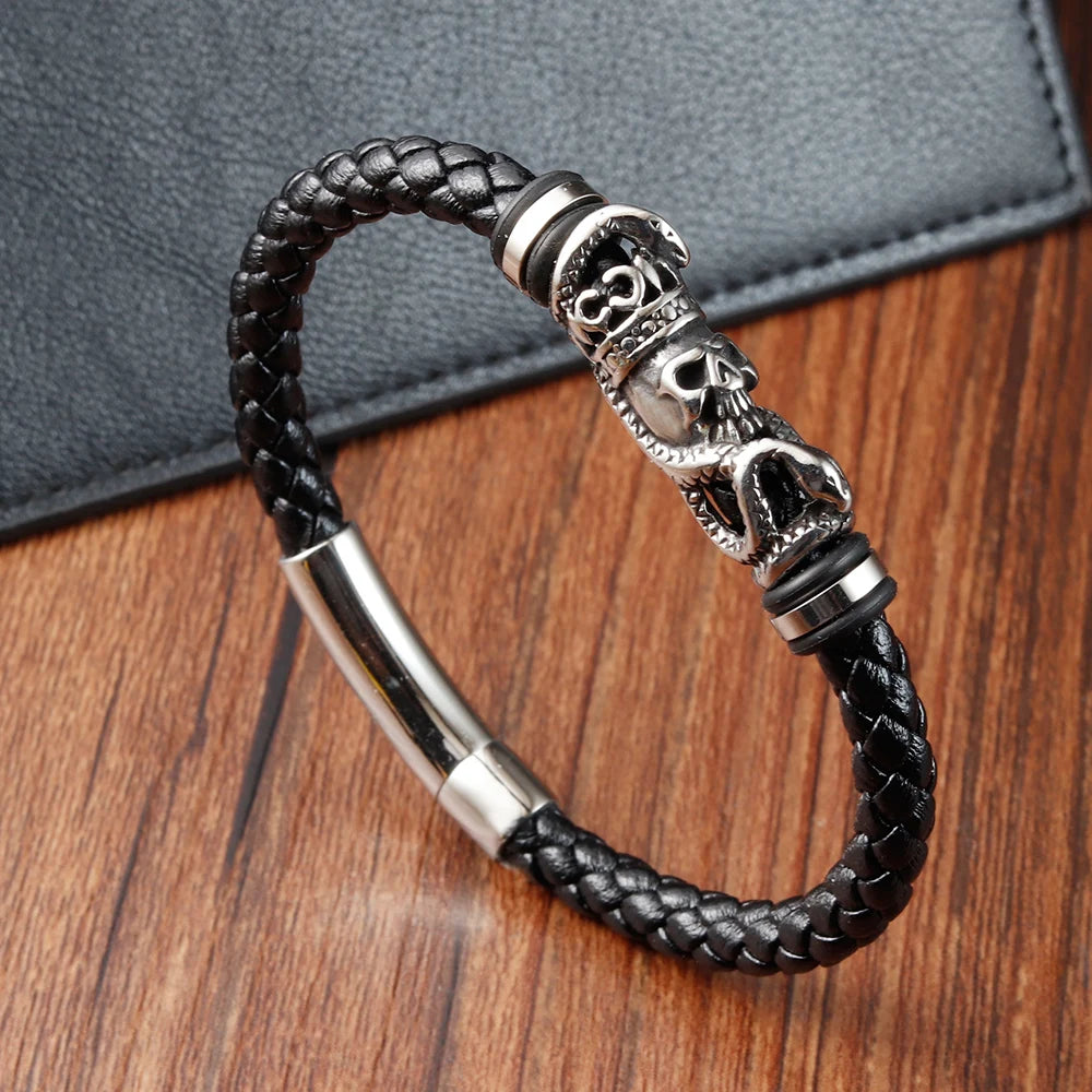 biker skull bracelet for men stainless steel leather design