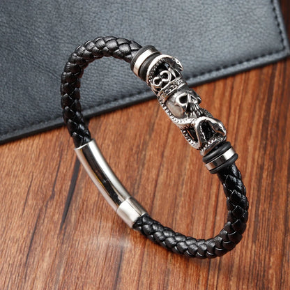 biker skull bracelet for men stainless steel leather design