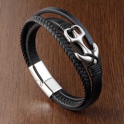 black multi layer leather bracelet with nautical anchor design