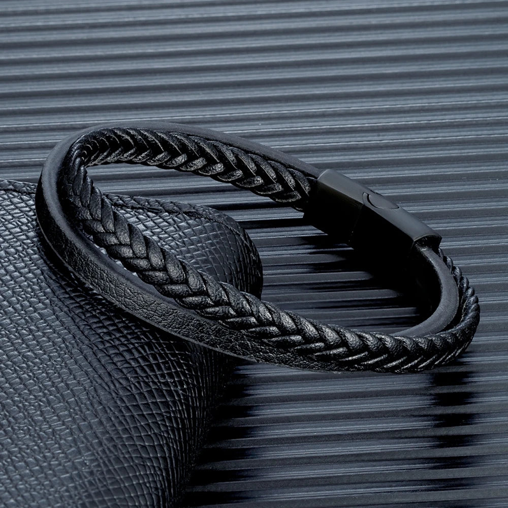 men's braided leather bracelet with matte stainless steel clasp