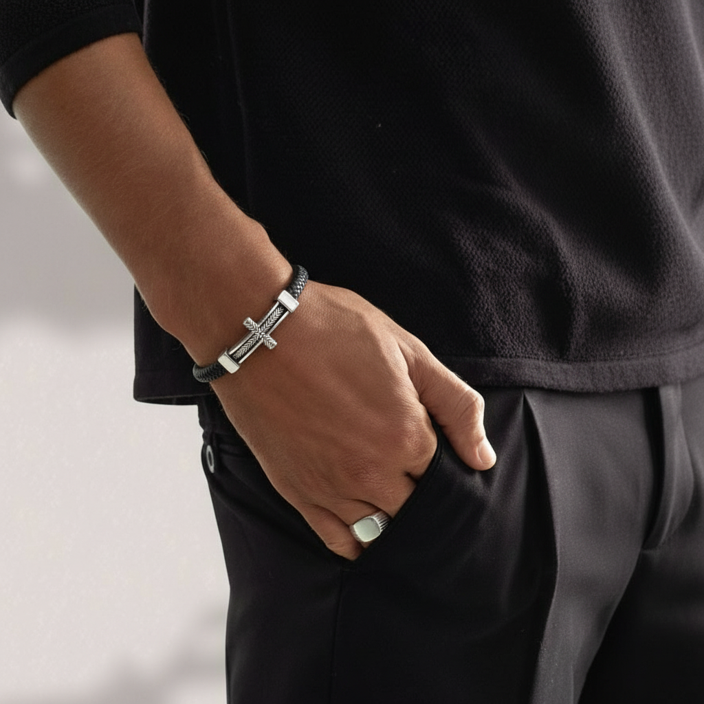 black leather cross bracelet for men with magnetic clasp on wrist