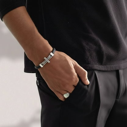 black leather cross bracelet for men with magnetic clasp on wrist