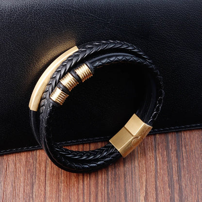 braided leather bracelet with gold tone stainless steel bar for men