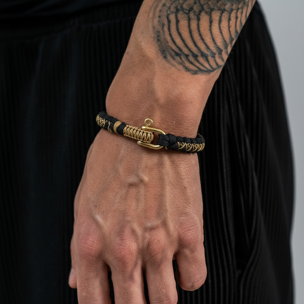 men's woven paracord survival bracelet with metal shackle on wrist
