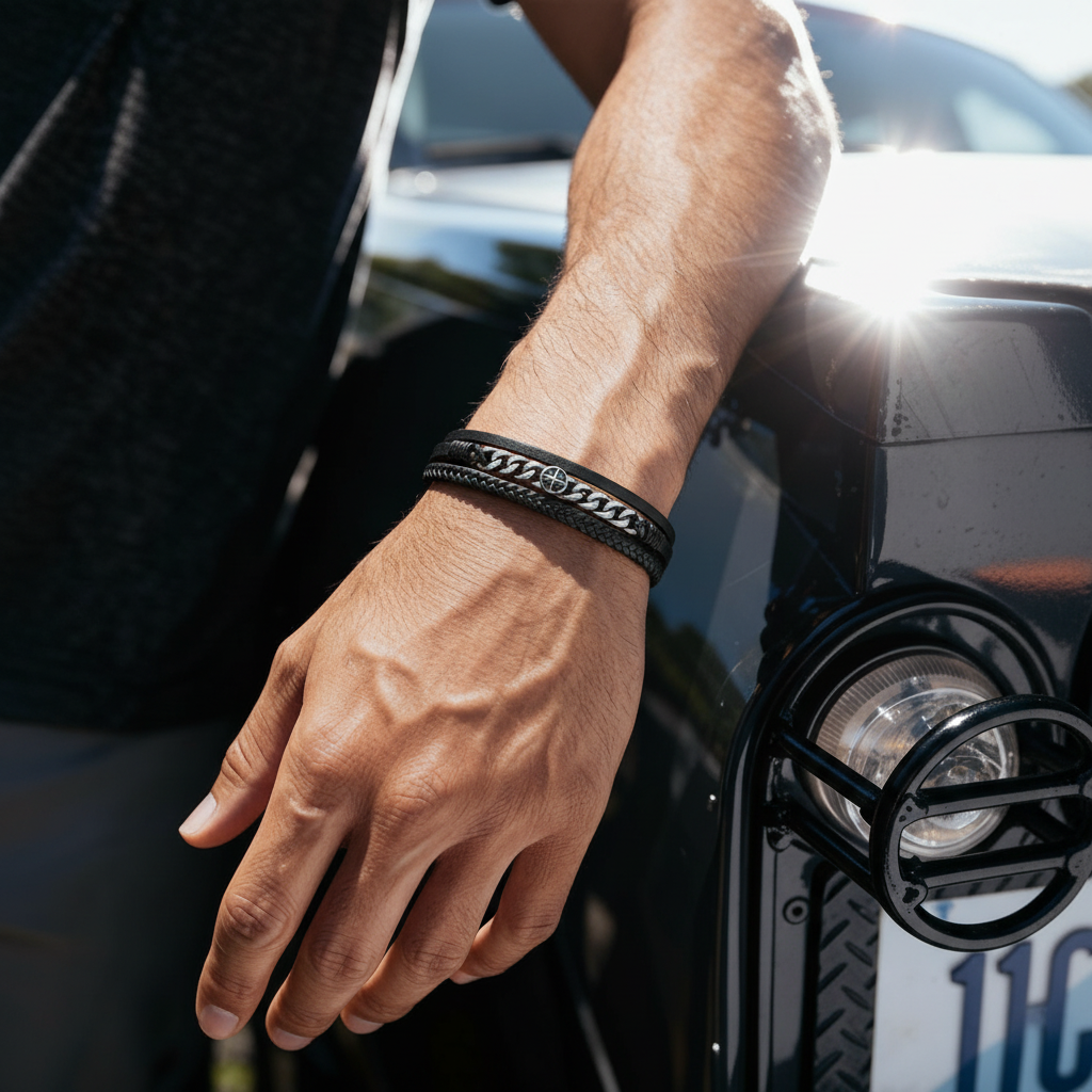 black layered leather bracelet with braided rope and chain for men