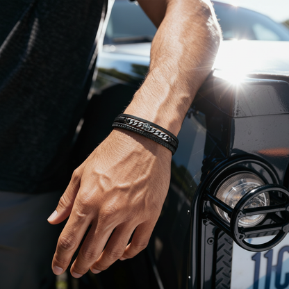 black layered leather bracelet with braided rope and chain for men