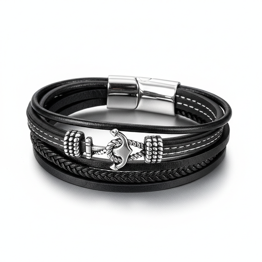 Nautical anchor bracelet for men black multi-layer wristband.