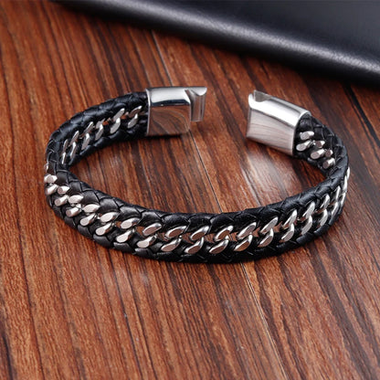 woven leather bracelet with Cuban link chain for men
