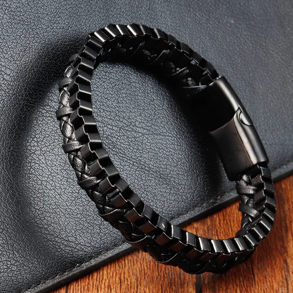 black leather bracelet with silver chain links for men