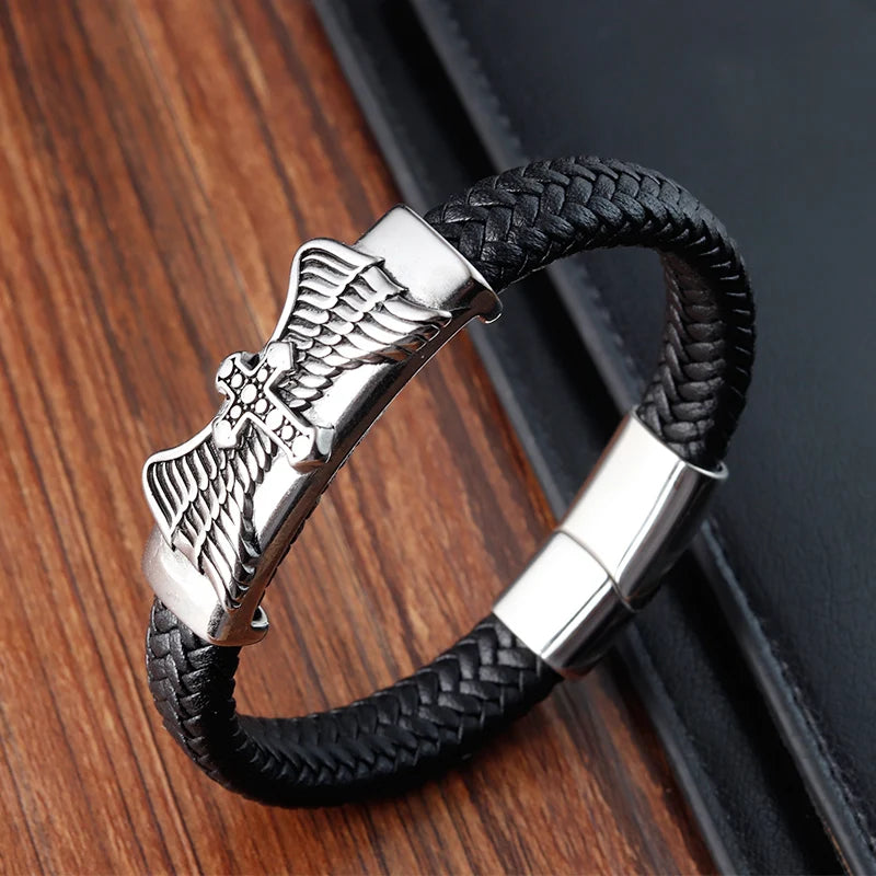 black leather bracelet with stainless steel cross wings