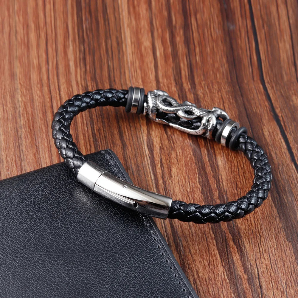 black leather bracelet with skull charm for men