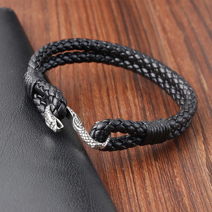 black leather snake bracelet with silver tone clasp